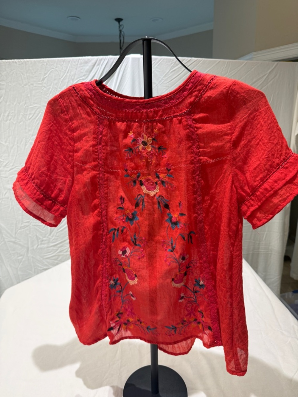 Umgee Red Floral Embroidered Short-Sleeve Blouse